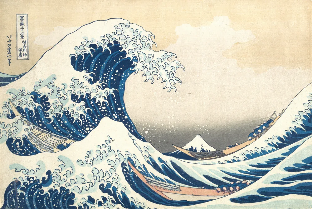 Katsushika Hokusai, The Great Wave off Kanagawa: a huge wave with Mt. Fuji small in the distance