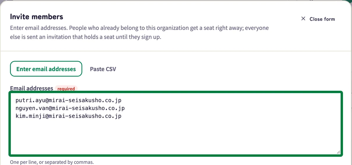 The invite form: a box for one email address per line, with an option to paste a CSV instead